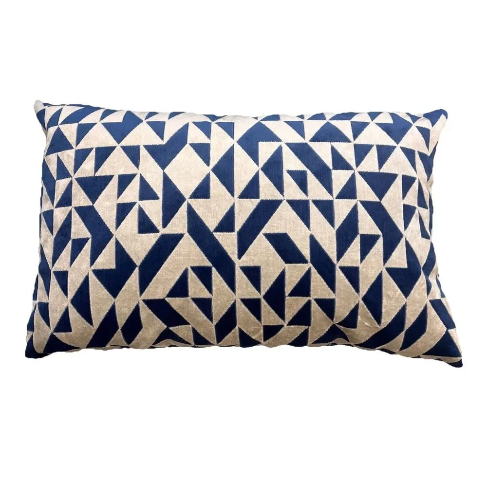 Blue White Geometric Velvet Throw Pillow Feather Filled 14x25 Lumbar Accent